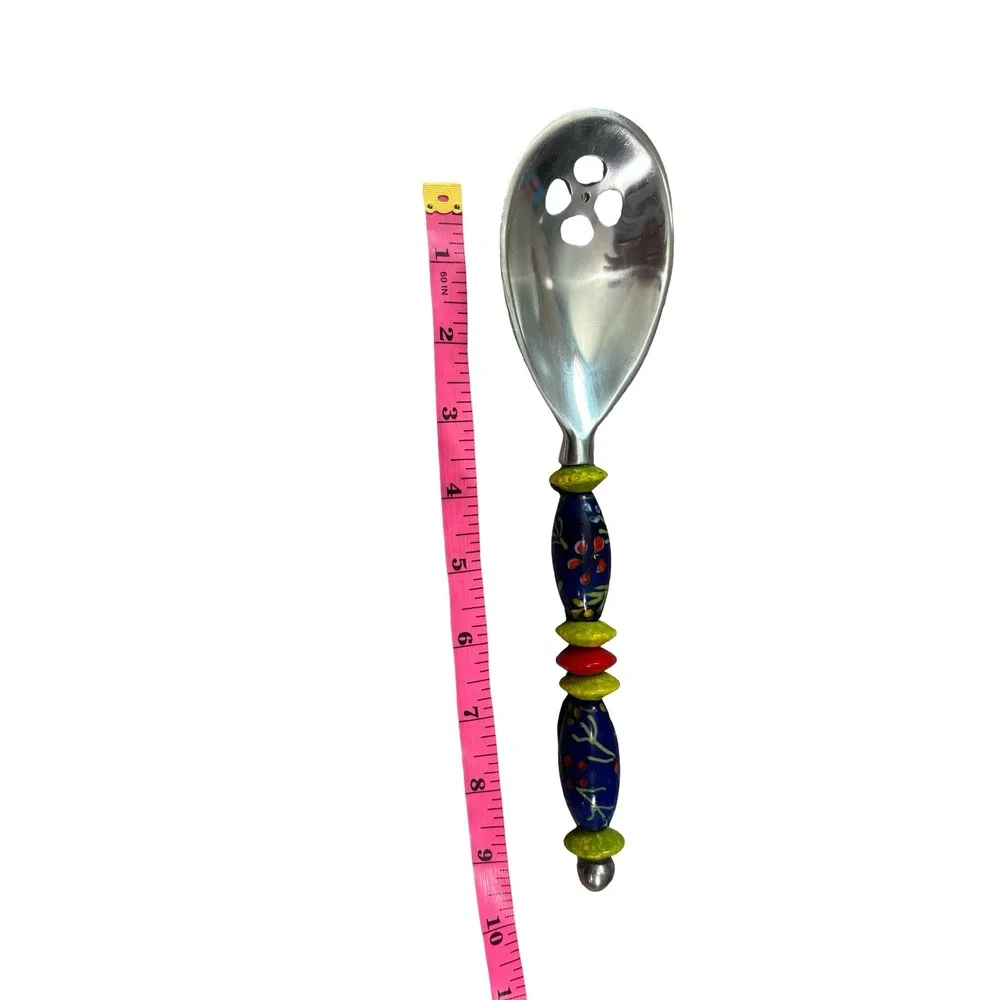 Boho Stainless Steel Salad Servers Set 4 Ceramic Beaded Handles Floral Blue 9.5